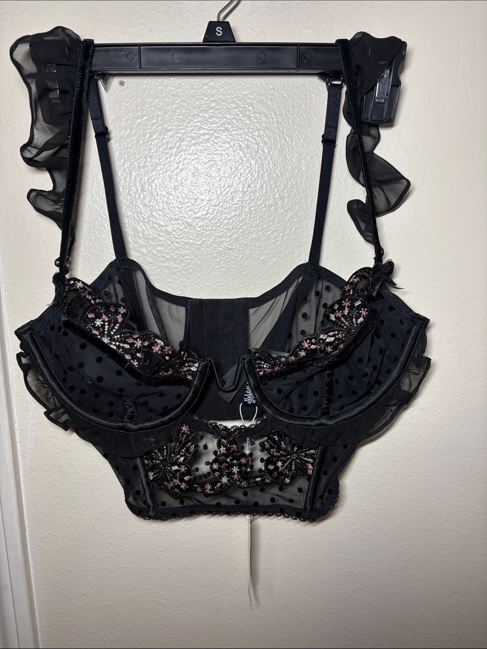 Black Sheer Polka Dot Embroidered Longline Bra for love and lemons